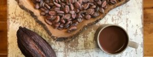 Roasted coffee beans next to a cup of espresso