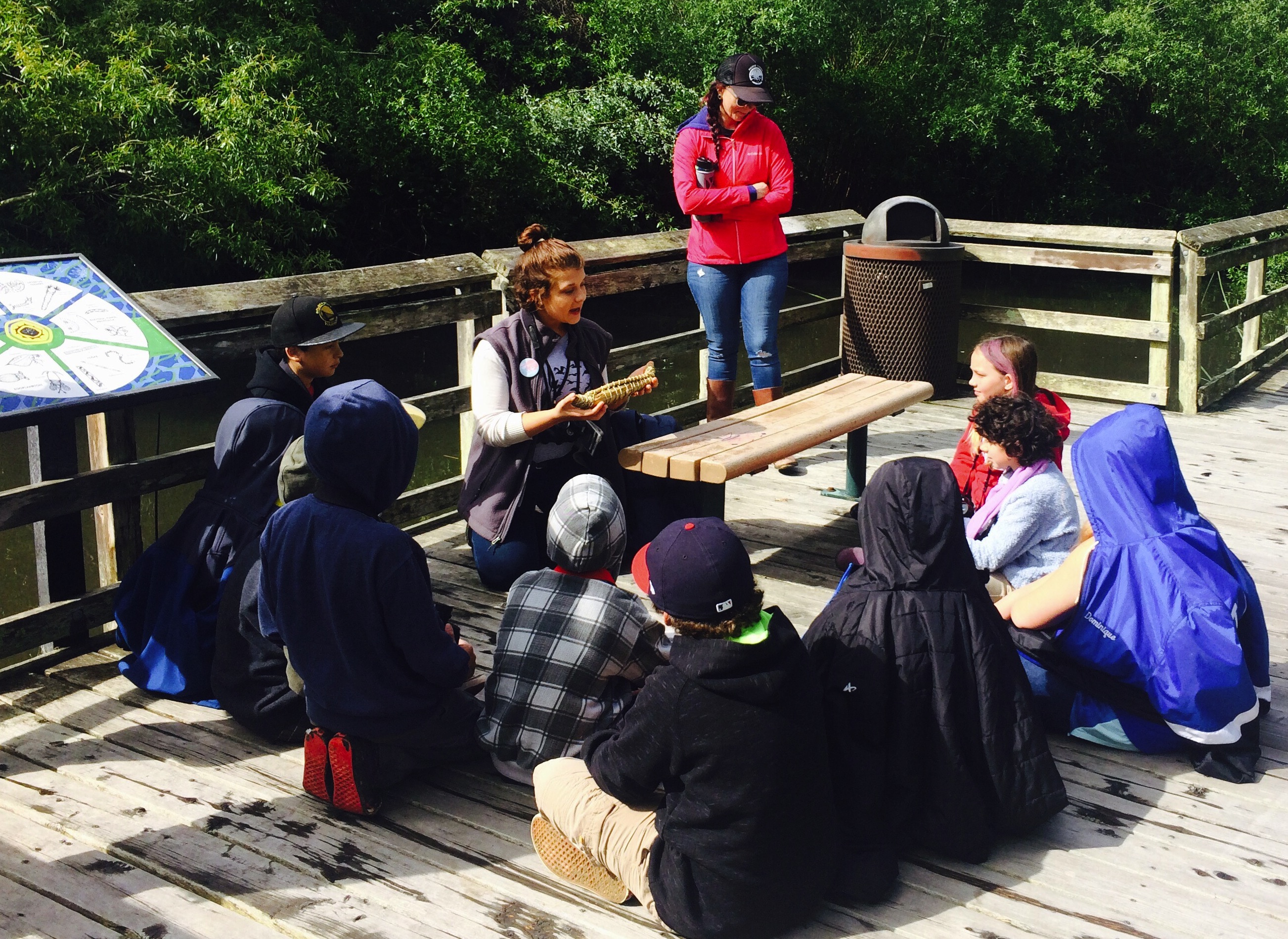 Volunteer docent teaching a group of children