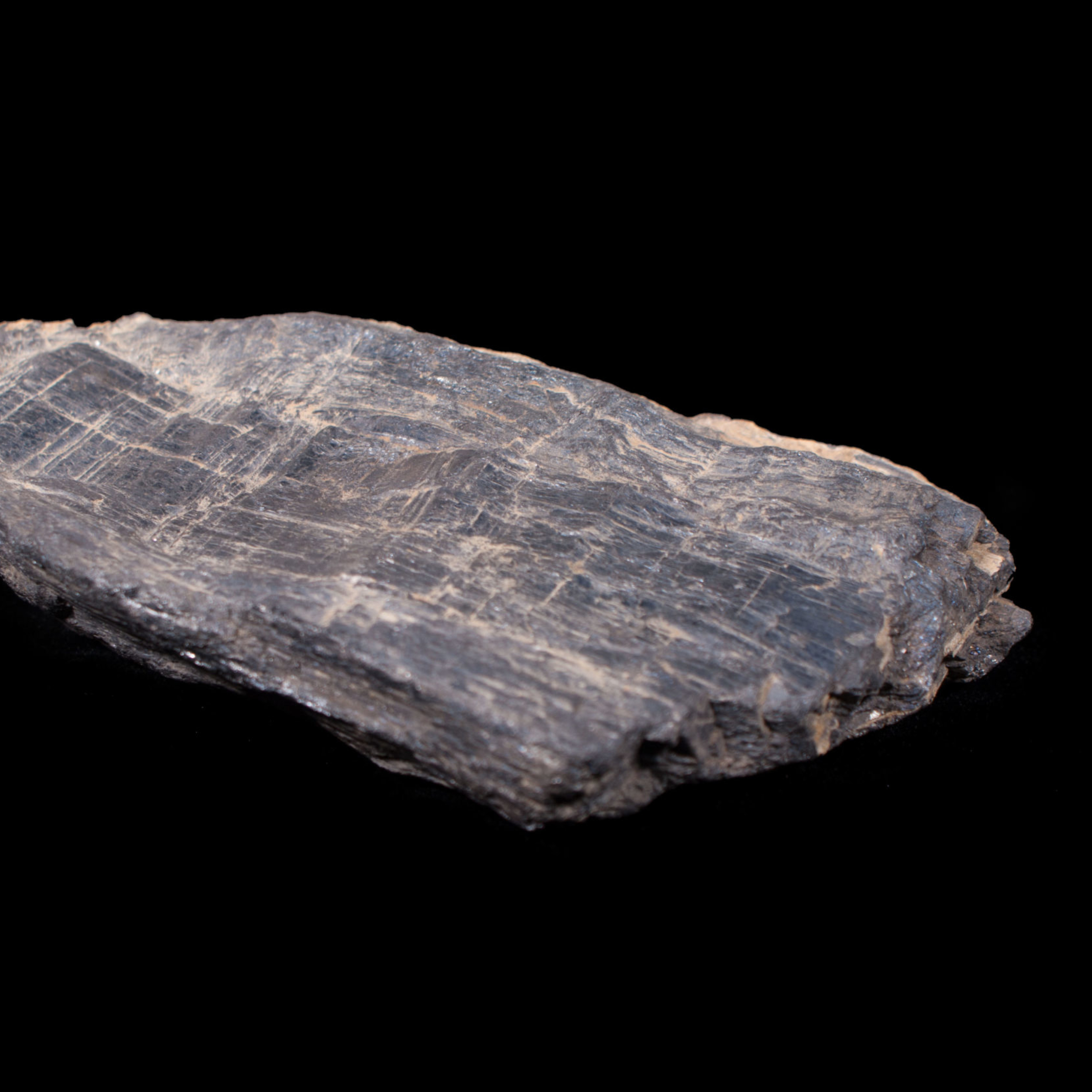 Stibnite from Nevada A black and grey rock on a black background.