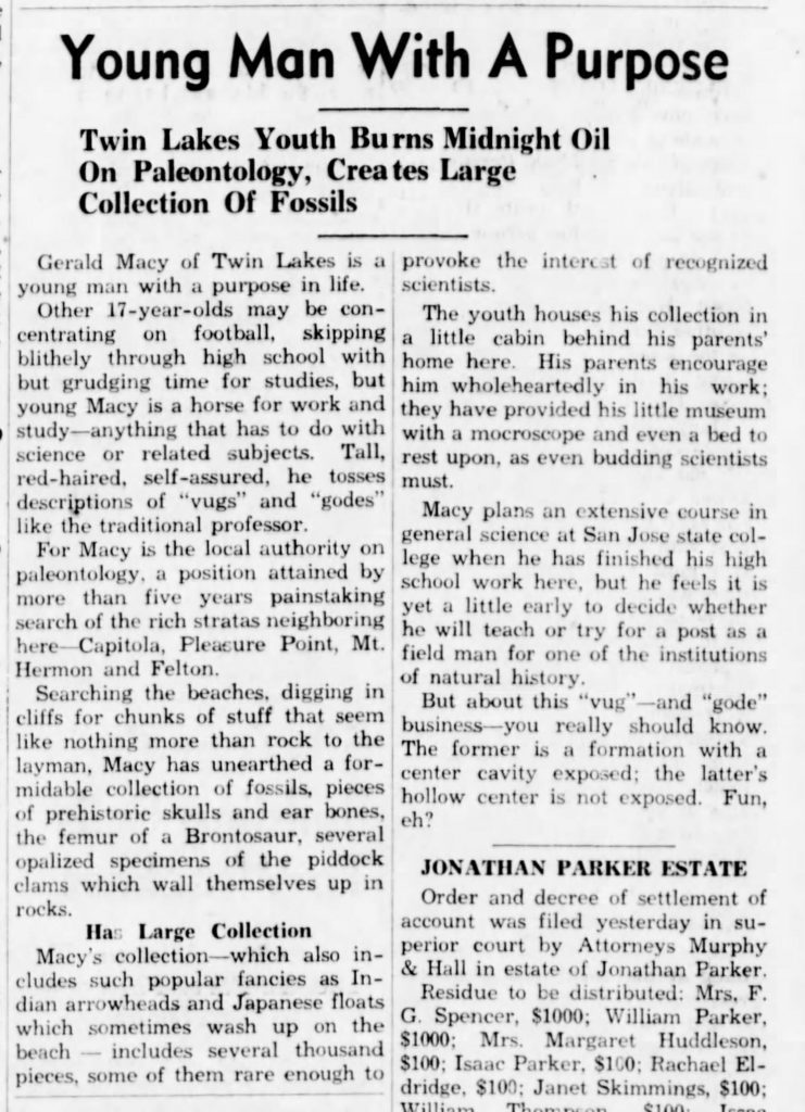 Newspaper clipping regarding Gerald Macy, 17-year-old palentologist