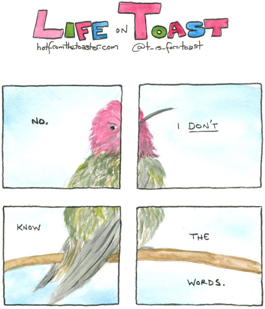 A 4-panel comic from Life On Toast by Diane T Sands saying, "No, I DON'T know the words."