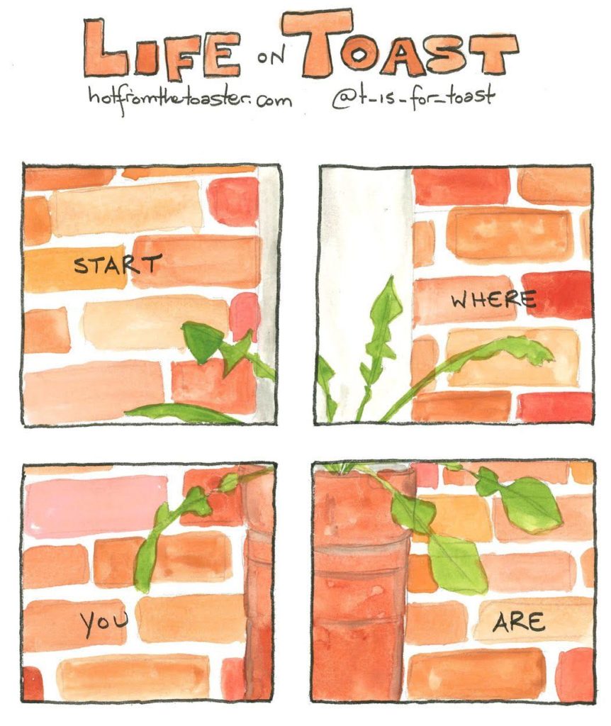 A 4-panel comic from Life On Toast by Diane T Sands that says "Start Where You Are"