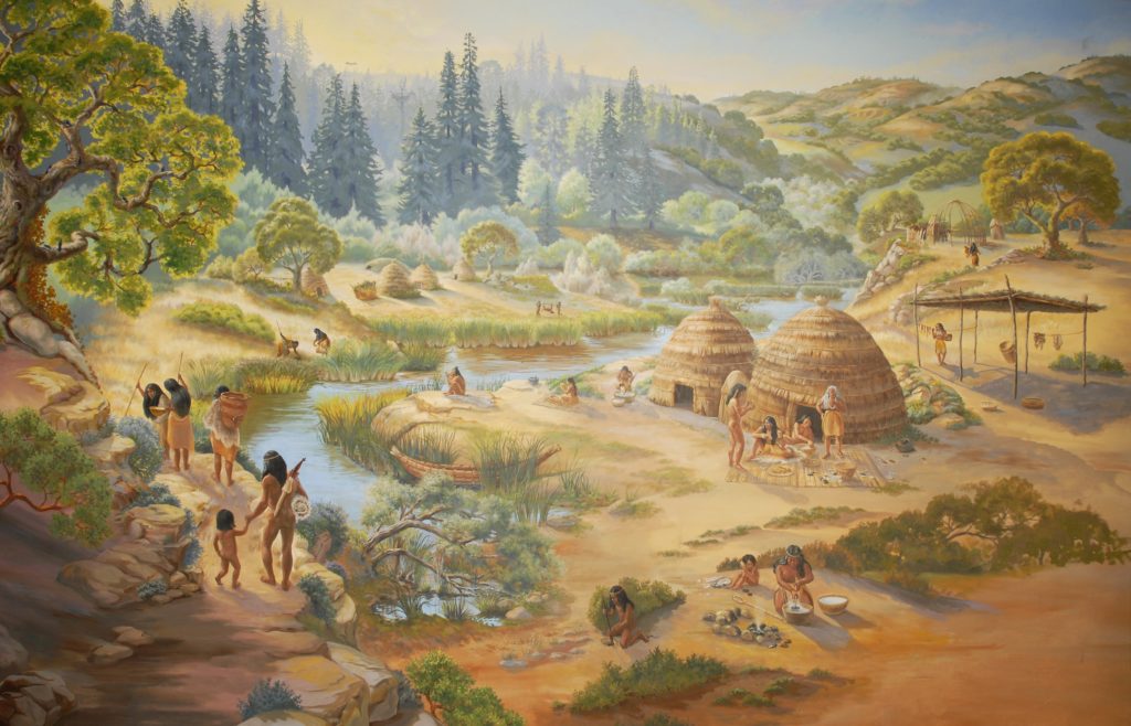 Mural of an Ohlone village by artist Ann Thiermann