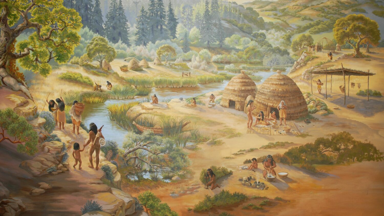 Mural of an Ohlone village by artist Ann Thiermann