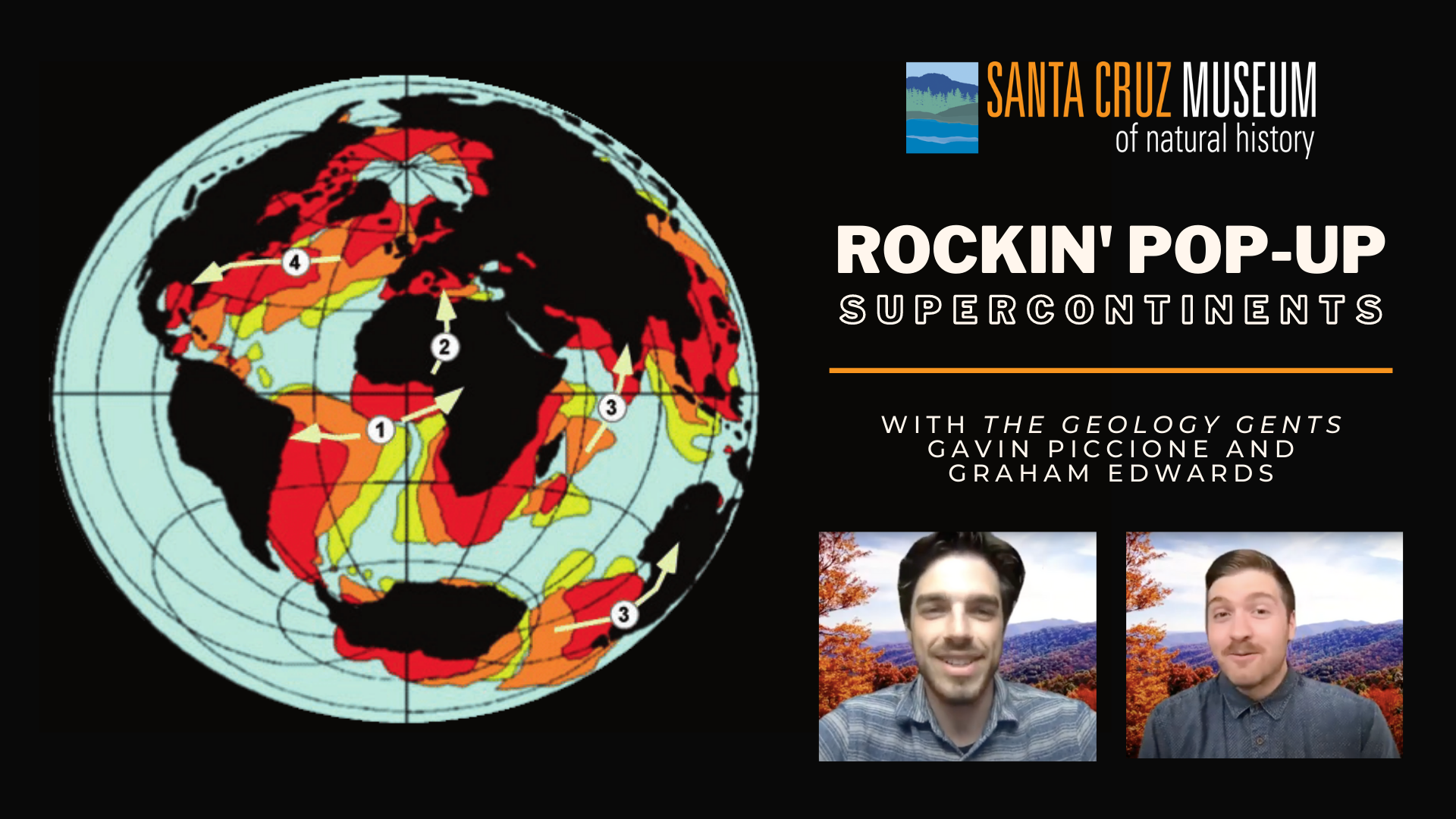 An illustration that shows the continents in different positions on a circle representing the earth. To the right is text and images of two men.