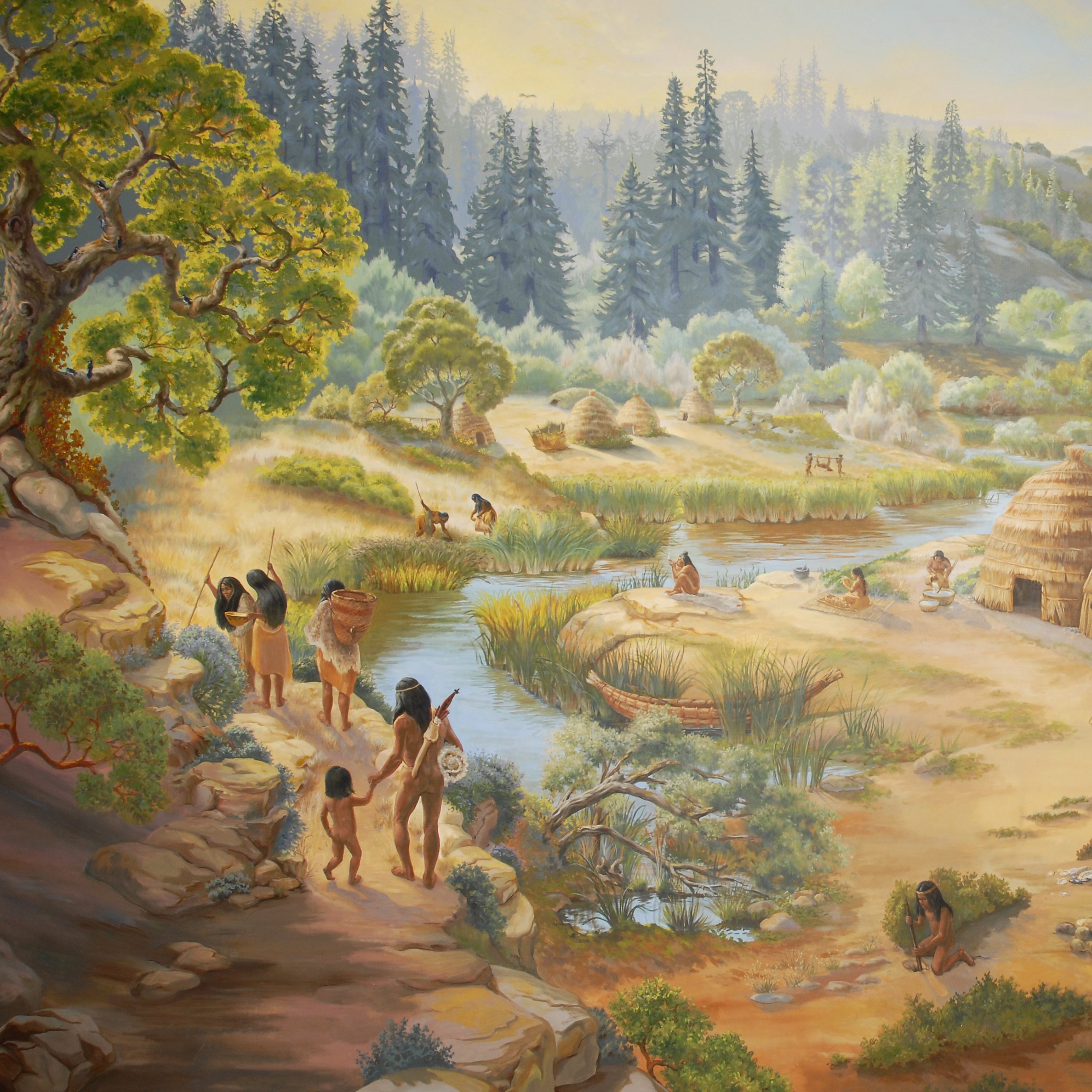 Mural of an Ohlone village by artist Ann Thiermann